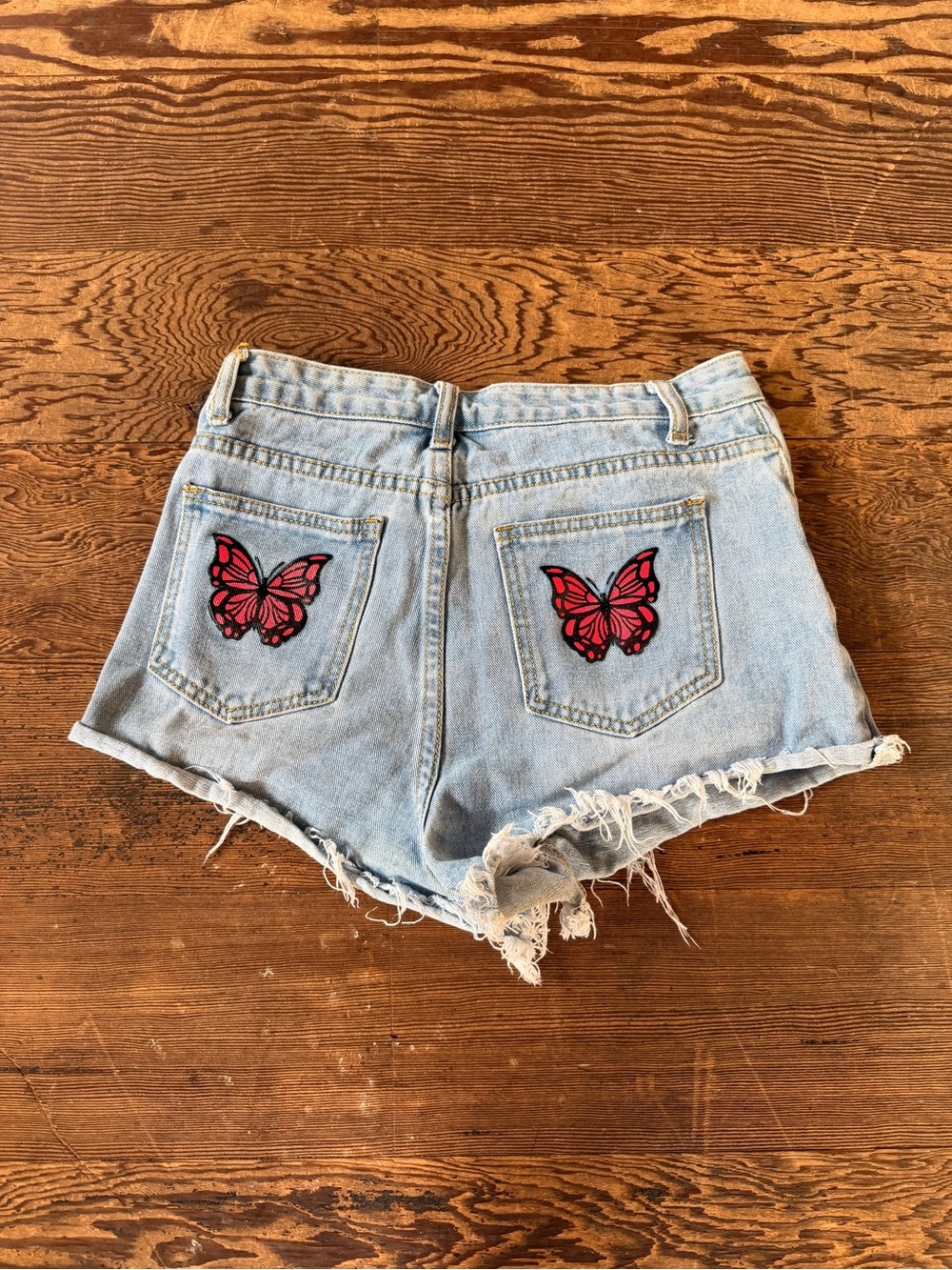 SHEIN Light Blue Denim Shorts with Red Butterfly Patches